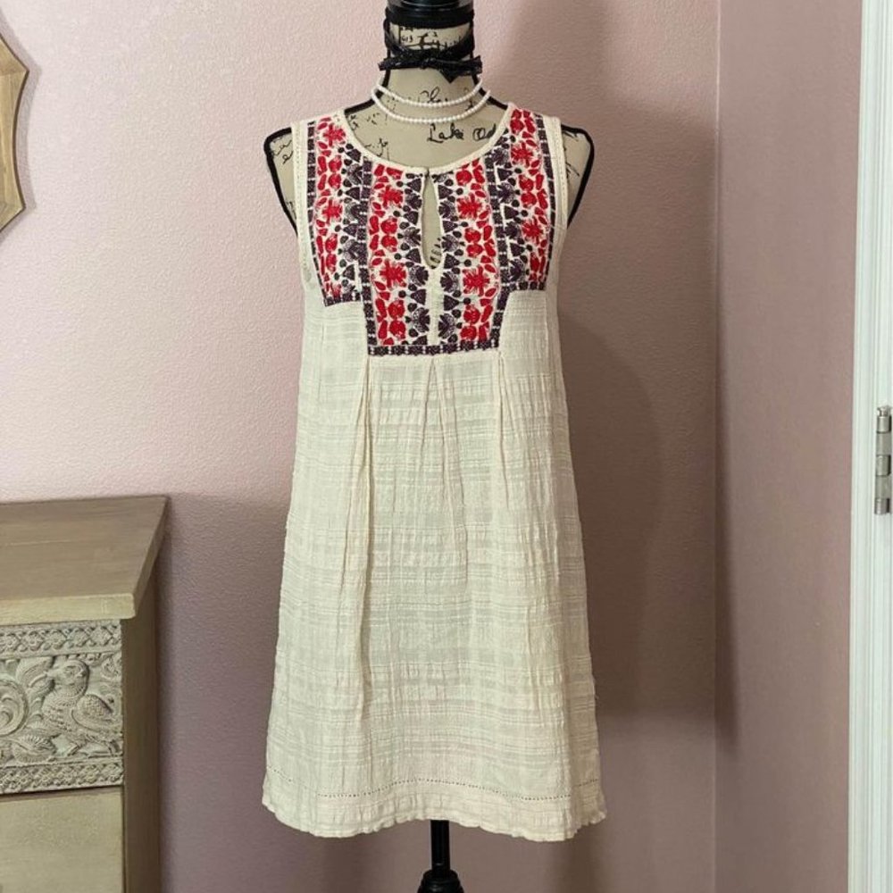 Max Studio Beige/Red Embroidered Boho Dress - XS